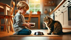 Child demonstrating responsibility by feeding the cat.