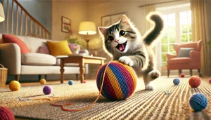 gato se divertindo com uma bola de lã